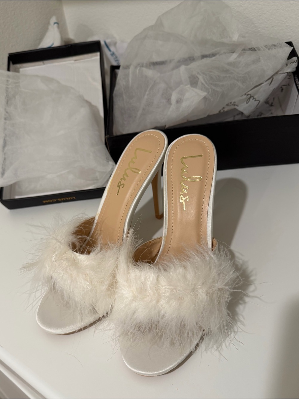 Lulu's White Feather Slide Heels